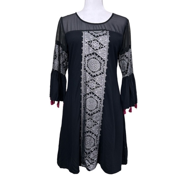 AKKRITI Black Boho Bell Sleeve Tassels Dress Viscose - Picture 1 of 10